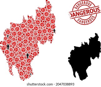 Mosaic map of Tripura State designed from covid-2019 icons and people elements. Dangerous textured stamp. Black people items and red covid infection elements. Dangerous message is inside round seal.