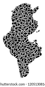Mosaic map of Tunisia designed with black flat geometric shapes, such as triangles, stars, rectangles, circles, ellipses, segments, sectors, rhombuses, squares, polygons, semi-circles.