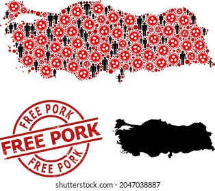 Mosaic map of Turkey constructed from sars virus items and people items. Free Pork textured stamp. Black man elements and red virus items. Free Pork title inside round stamp.