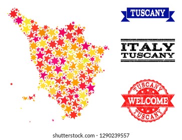 Mosaic map of Tuscany region composed with colored flat stars, and grunge textured stamps, isolated on an white background. Vector colored geographic abstraction of map of Tuscany region with red,