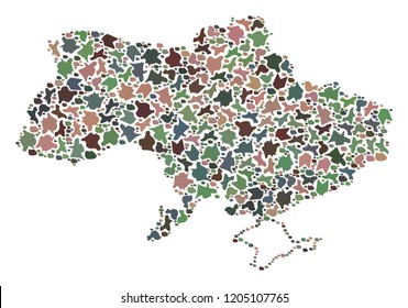 Mosaic map of Ukraine created with colored flat concretions. Vector pied geographic abstraction of map of Ukraine.