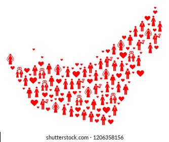 Mosaic map of United Arab Emirates formed with red lovely ladies and gentlemens. Vector lovely geographic abstraction of map of United Arab Emirates with red marriage symbols.