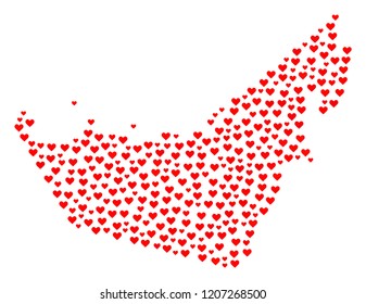 Mosaic map of United Arab Emirates formed with red love hearts. Vector lovely geographic abstraction of map of United Arab Emirates with red romantic symbols. Romantic design for relations purposes.