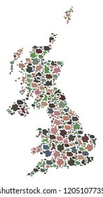 Mosaic map of United Kingdom composed with colored flat pebbles. Vector particolored geographic abstraction of map of United Kingdom.