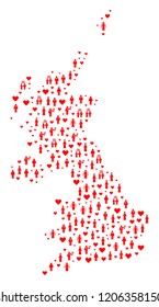 Mosaic map of United Kingdom created with red lovely wives and husbands. Vector lovely geographic abstraction of map of United Kingdom with red wedding symbols.