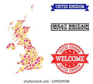 Mosaic map of United Kingdom created with colored flat stars, and grunge textured stamps, isolated on an white background. Vector colored geographic abstraction of map of United Kingdom with red,