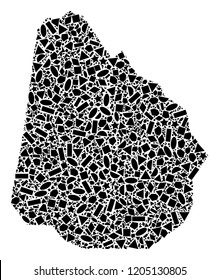 Mosaic map of Uruguay composed with black flat geometric shapes, such as triangles, stars, rectangles, circles, ellipses, segments, sectors, rhombuses, squares, polygons, semi-circles.