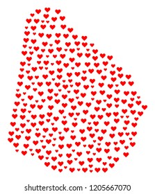 Mosaic map of Uruguay formed with red love hearts. Vector lovely geographic abstraction of map of Uruguay with red romantic symbols. Romantic design for patriotic purposes.