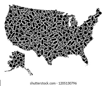 Mosaic map of USA and Alaska created with black flat geometric shapes, such as triangles, stars, rectangles, circles, ellipses, segments, sectors, rhombuses, squares, polygons, semi-circles.