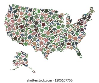 Mosaic map of USA and Alaska formed with colored flat stones. Vector particolored geographic abstraction of map of USA and Alaska.