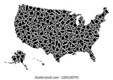 Mosaic map of USA territories designed with black flat geometric objects, such as triangles, stars, rectangles, circles, ellipses, segments, sectors, rhombuses, squares, polygons, semi-circles.