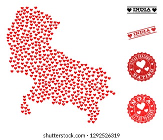 Mosaic map of Uttar Pradesh State designed with red love hearts, and rubber watermarks for Valentines day. Vector lovely geographic abstraction of map of Uttar Pradesh State with red romantic symbols.