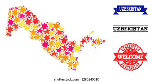 Mosaic map of Uzbekistan formed with colored flat stars, and grunge textured stamps, isolated on an white background. Vector colored geographic abstraction of map of Uzbekistan with red, yellow,