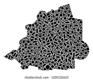 Mosaic map of Vatican created with black flat geometric primitives, such as triangles, stars, rectangles, circles, ellipses, segments, sectors, rhombuses, squares, polygons, semi-circles.