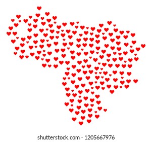 Mosaic map of Venezuela formed with red love hearts. Vector lovely geographic abstraction of map of Venezuela with red romantic symbols. Romantic design for bonus illustrations.