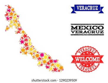 Mosaic map of Veracruz State designed with colored flat stars, and grunge textured stamps, isolated on an white background. Vector colored geographic abstraction of map of Veracruz State with red,