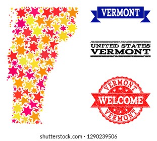 Mosaic map of Vermont State composed with colored flat stars, and grunge textured stamps, isolated on an white background. Vector colored geographic abstraction of map of Vermont State with red,