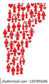 Mosaic map of Vermont State formed with red marriage wives and husbands. Vector lovely geographic abstraction of map of Vermont State with red romantic symbols.