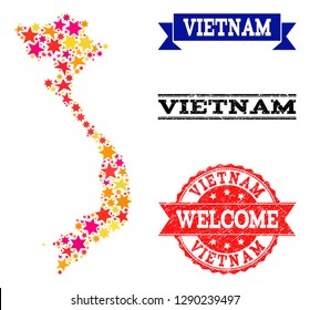 Mosaic map of Vietnam created with colored flat stars, and grunge textured stamps, isolated on an white background. Vector colored geographic abstraction of map of Vietnam with red, yellow,