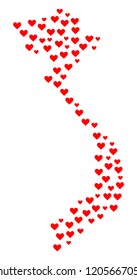 Mosaic map of Vietnam formed with red love hearts. Vector lovely geographic abstraction of map of Vietnam with red romantic symbols. Romantic design for wedding applications.