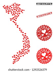 Mosaic map of Vietnam formed with red love hearts, and rubber watermarks for Valentines day. Vector lovely geographic abstraction of map of Vietnam with red romantic symbols.