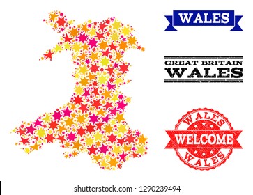 Mosaic map of Wales composed with colored flat stars, and grunge textured stamps, isolated on an white background. Vector bright geographic abstraction of map of Wales with red, yellow, orange stars.