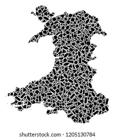 Mosaic map of Wales formed with black flat geometric primitives, such as triangles, stars, rectangles, circles, ellipses, segments, sectors, rhombuses, squares, polygons, semi-circles.