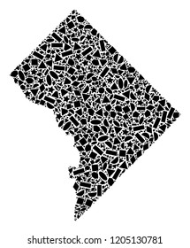 Mosaic map of Washington DC composed with black flat geometric objects, such as triangles, stars, rectangles, circles, ellipses, segments, sectors, rhombuses, squares, polygons, semi-circles.