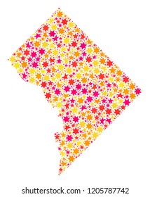 Mosaic map of Washington DC composed with colored flat stars. Vector colored geographic abstraction of map of Washington DC with red, yellow, orange stars. Festive design for New Year illustrations.