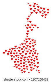 Mosaic map of West Bengal State composed with red love hearts. Vector lovely geographic abstraction of map of West Bengal State with red romantic symbols. Romantic design for patriotic applications.