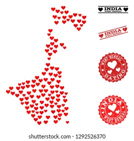 Mosaic map of West Bengal State created with red love hearts, and grunge stamp seals for Valentines day. Vector lovely geographic abstraction of map of West Bengal State with red wedding symbols.