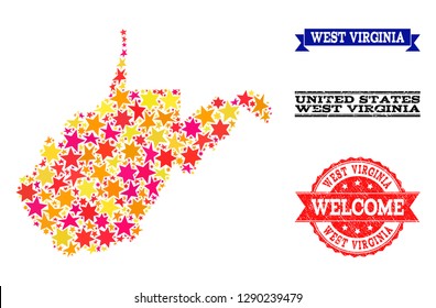 Mosaic map of West Virginia State formed with colored flat stars, and grunge textured stamps, isolated on an white background.
