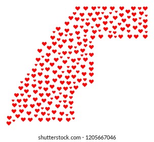 Mosaic map of Western Sahara created with red love hearts. Vector lovely geographic abstraction of map of Western Sahara with red romantic symbols. Romantic design for political illustrations.