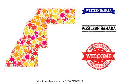 Mosaic map of Western Sahara designed with colored flat stars, and grunge textured stamps, isolated on an white background. Vector colored geographic abstraction of map of Western Sahara with red,