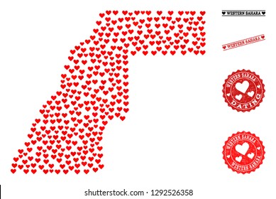 Mosaic map of Western Sahara designed with red love hearts, and grunge watermarks for Valentines day. Vector lovely geographic abstraction of map of Western Sahara with red romantic symbols.