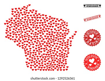 Mosaic map of Wisconsin State created with red love hearts, and grunge watermarks for dating. Vector lovely geographic abstraction of map of Wisconsin State with red wedding symbols.
