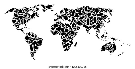 Mosaic map of world composed with black flat geometric shapes, such as triangles, stars, rectangles, circles, ellipses, segments, sectors, rhombuses, squares, polygons, semi-circles.