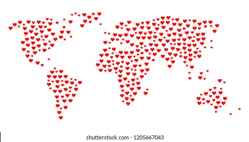 Mosaic map of world created with red love hearts. Vector lovely geographic abstraction of map of world with red dating symbols. Romantic design for dating projects.