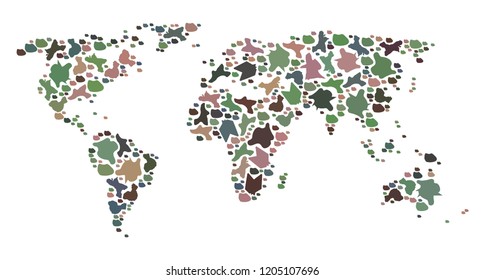 Mosaic map of world formed with colored flat pebbles. Vector particolored geographic abstraction of map of world.