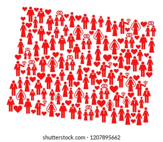 Mosaic map of Wyoming State created with red lovely wives and husbands. Vector lovely geographic abstraction of map of Wyoming State with red romantic symbols.
