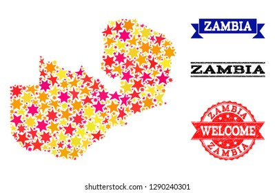 Mosaic map of Zambia composed with colored flat stars, and grunge textured stamps, isolated on an white background. Vector bright geographic abstraction of map of Zambia with red, yellow,