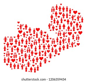 Mosaic map of Zambia designed with red lovely men and women. Vector lovely geographic abstraction of map of Zambia with red valentine symbols. Romantic flat design for political projects.