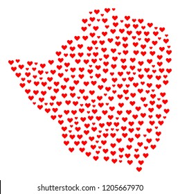 Mosaic map of Zimbabwe created with red love hearts. Vector lovely geographic abstraction of map of Zimbabwe with red romantic symbols. Romantic design for wedding projects.