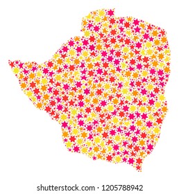 Mosaic map of Zimbabwe designed with colored flat stars. Vector colored geographic abstraction of map of Zimbabwe with red, yellow, orange stars. Festive design for holiday illustrations.