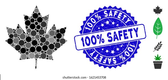 Mosaic maple leaf icon and corroded stamp seal with 100% Safety phrase. Mosaic vector is formed with maple leaf icon and with randomized spheric items. 100% Safety stamp seal uses blue color,
