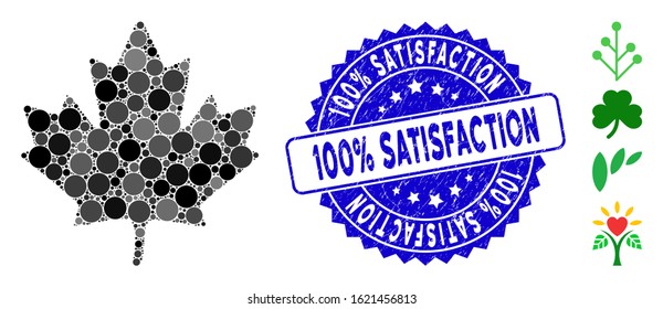 Mosaic maple leaf icon and corroded stamp watermark with 100% Satisfaction caption. Mosaic vector is created with maple leaf icon and with random circle elements.
