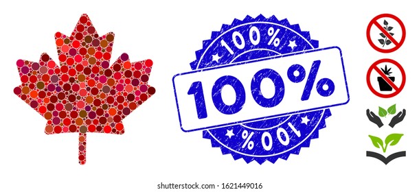 Mosaic maple leaf icon and grunge stamp watermark with 100% caption. Mosaic vector is composed with maple leaf icon and with randomized spheric items. 100% stamp uses blue color, and dirty texture.