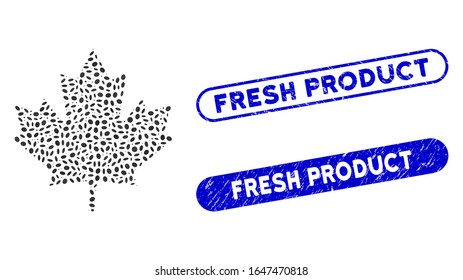 Mosaic maple leaf and rubber stamp seals with Fresh Product phrase. Mosaic vector maple leaf is composed with randomized elliptic parts. Fresh Product seals use blue color,