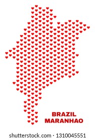 Mosaic Maranhao State map of heart hearts in red color isolated on a white background. Regular red heart pattern in shape of Maranhao State map. Abstract design for Valentine illustrations.