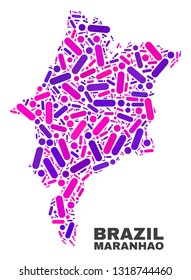 Mosaic Maranhao State map isolated on a white background. Vector geographic abstraction in pink and violet colors. Mosaic of Maranhao State map combined of random circle dots and lines.